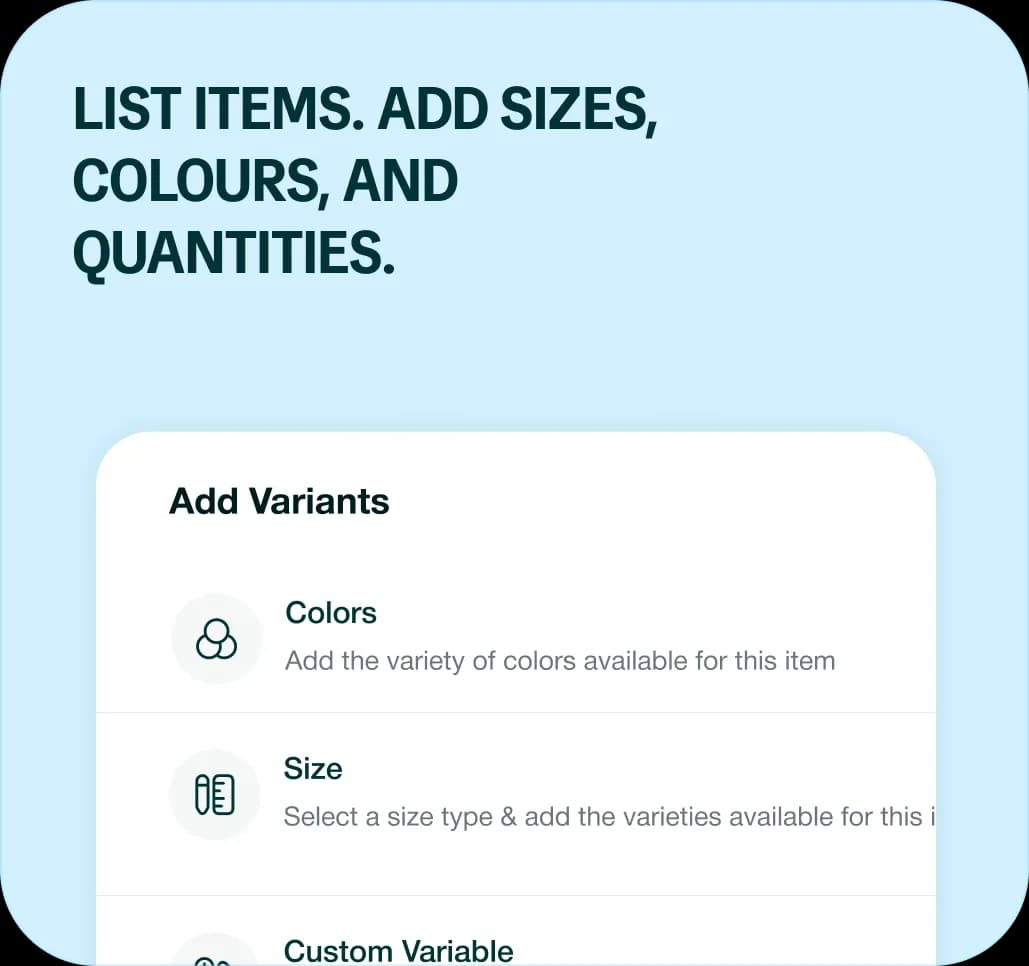 List items. Add sizes, colours, and quantities